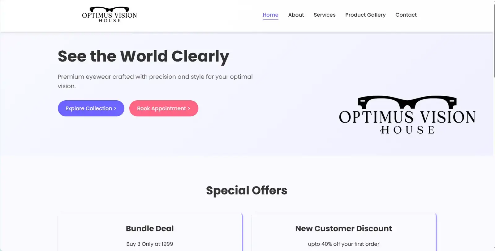Optimus Vision House – Optical Store Website with Product Gallery and Online Inquiry
